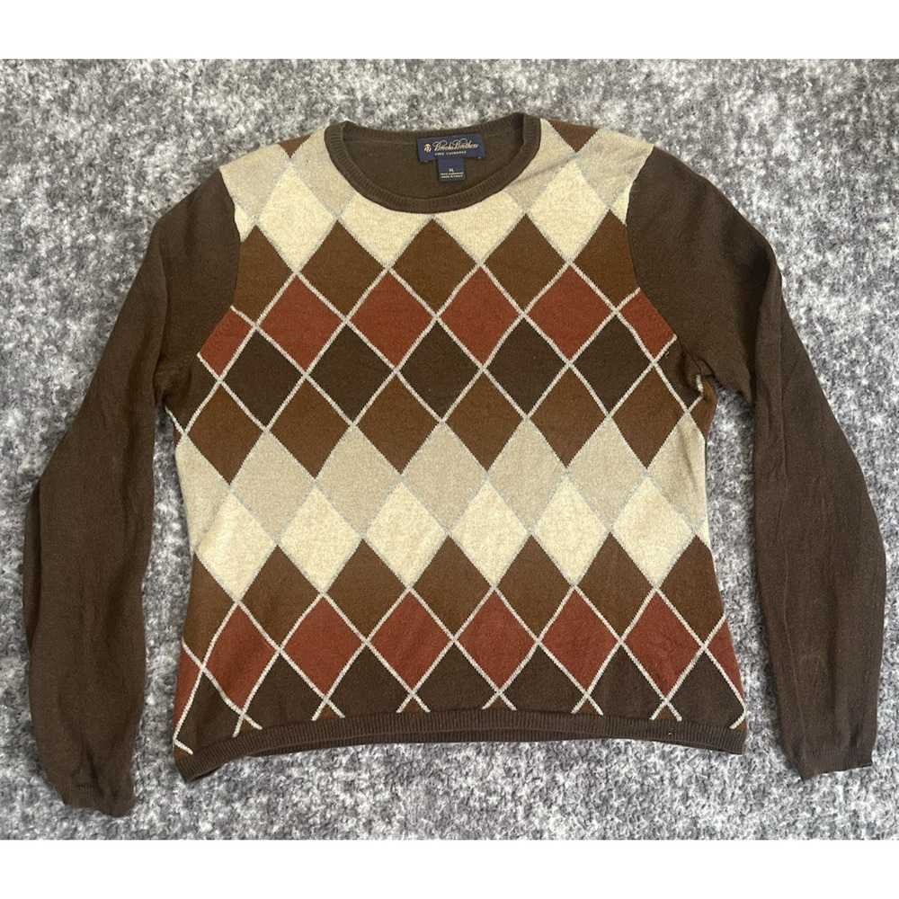 Brooks Brothers Cashmere Sweater Womens XL Brown Argyle Knit Pullover